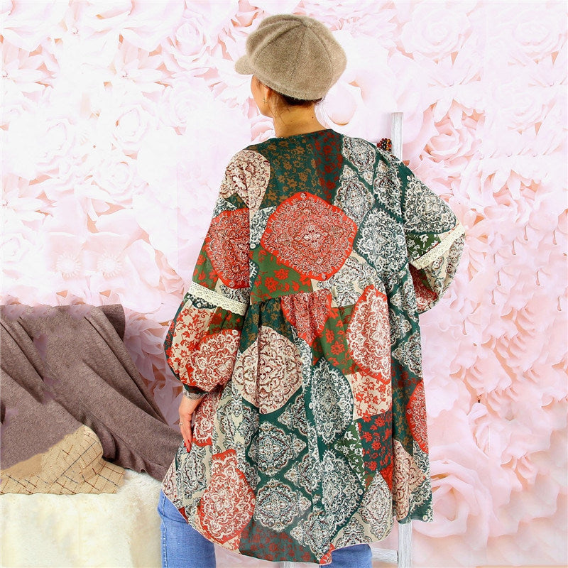 Autumn and Winter Color Matching Printed Casual Women's Loose Dress