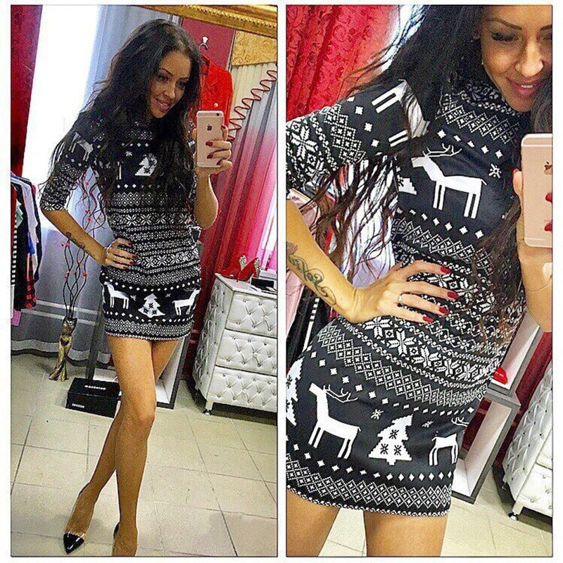 New Christmas Women Long Sleeve Crew Neck Print Dress