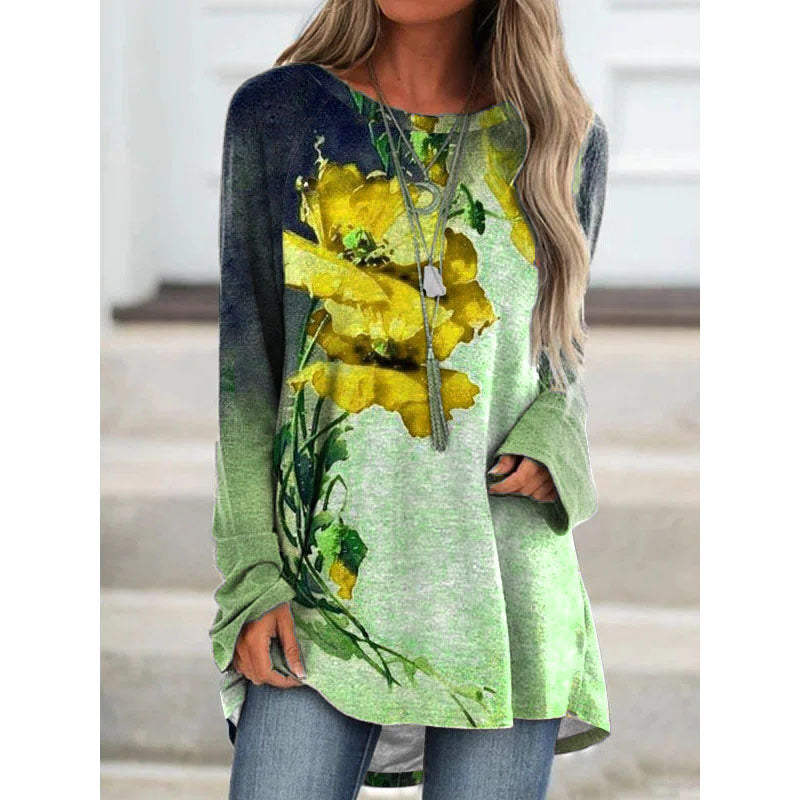 autumn and winter new women's tops fashion printing mid-length long-sleeved t-shirt