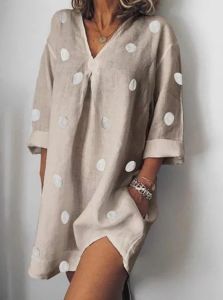 Spring and Summer Linen Loose V-neck Print Cropped Sleeves Split Dress