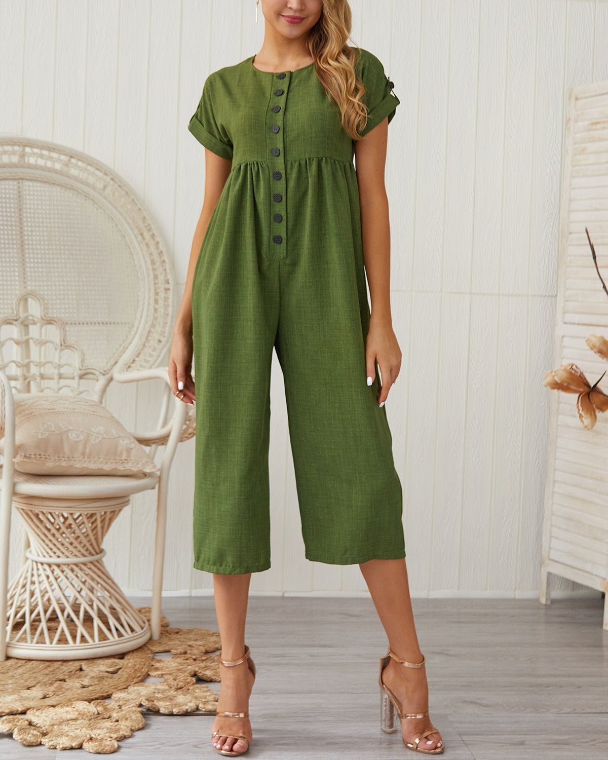 Women's Summer Cotton and Linen Solid Color Jumpsuit European and American Sexy Clothes