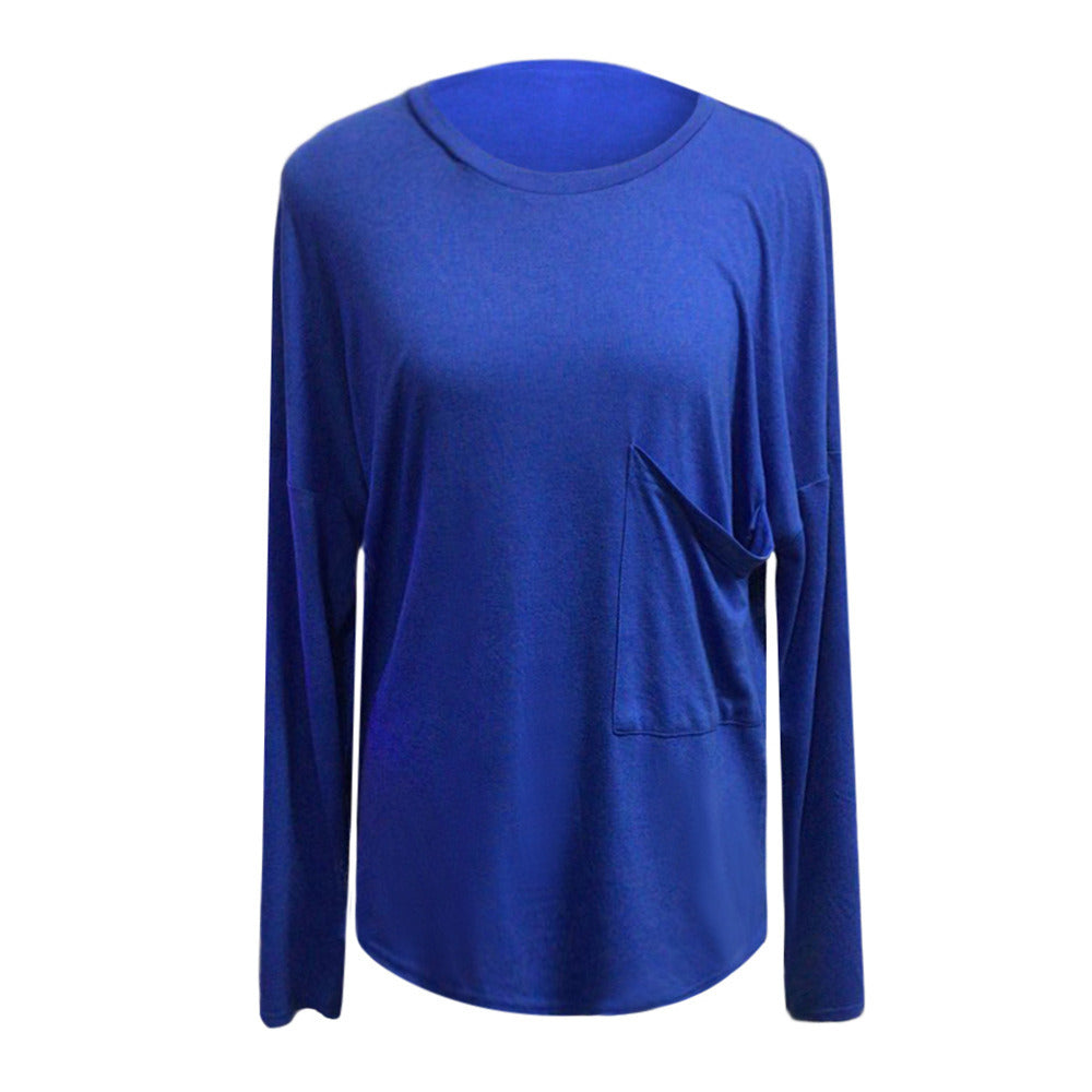 autumn new European and American women's solid color round neck large pocket casual women's long-sleeved T-shirt