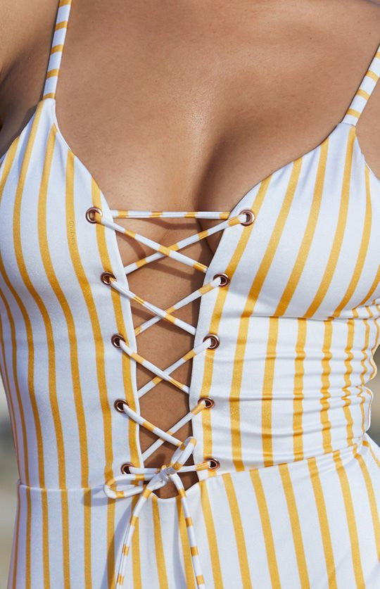 New Yellow Striped Triangle Bikini Sexy Backless Straps One-piece Swimsuit Female Bikini