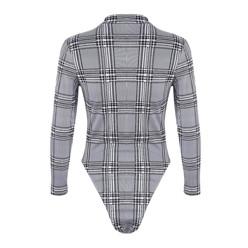 Sexy Plaid Long Sleeve Basesuit Open Appeal Slim Fit Slimsuit