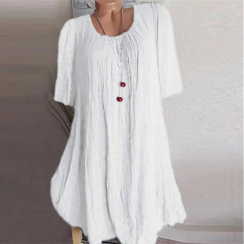 Autumn Cotton and Linen Solid Color Irregular Sleeve Dress