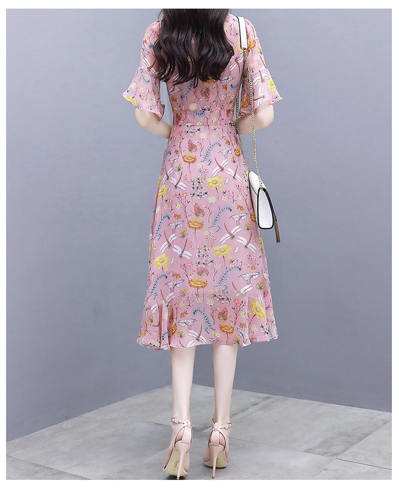 summer new women's floral dress waist slimming V-neck ruffled mid-length dress