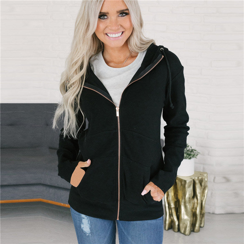 Women's Hooded Long Sleeve Full Zip Solid Knit Cardigan Sweater Pocket