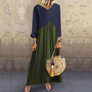 Summer Women's Stitching Contrast Color Irregular Long Sleeve Dress