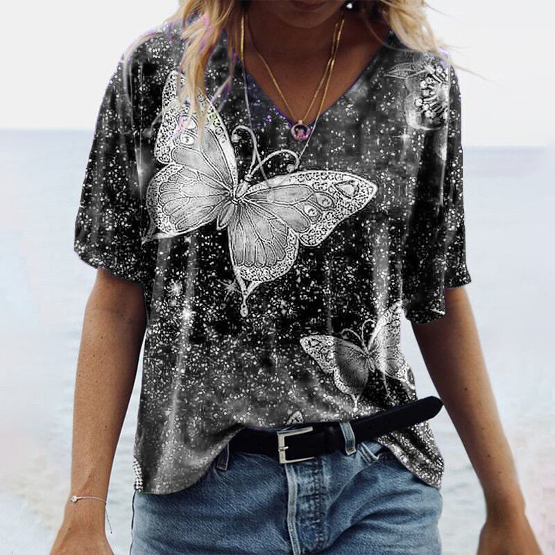 Women's Spring and Autumn New Five-point Sleeve Butterfly Print Top