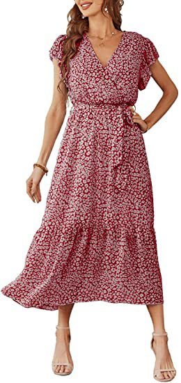 Women's 2023 Floral Summer Dress Wrap V Neck Short Sleeve Belted Ruffle Hem A-Line Bohemian Maxi Dresses