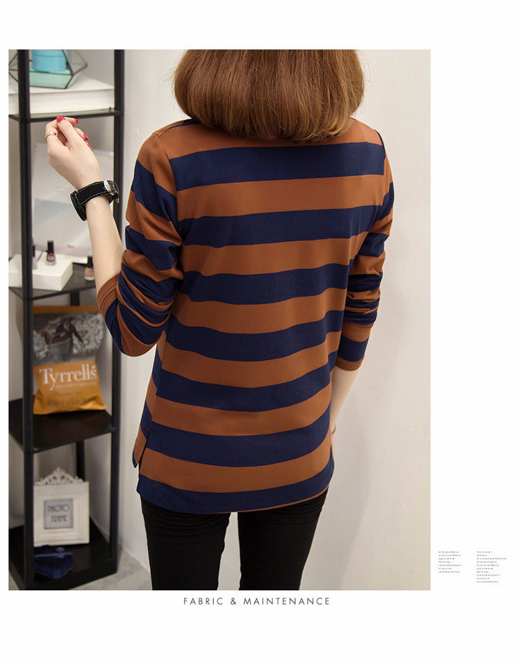 Spring and Autumn Wear Loose Korean Version of The Thick Stripe Super Thin Hooded Base T-shirt Female Large Size Long-sleeved Shirt