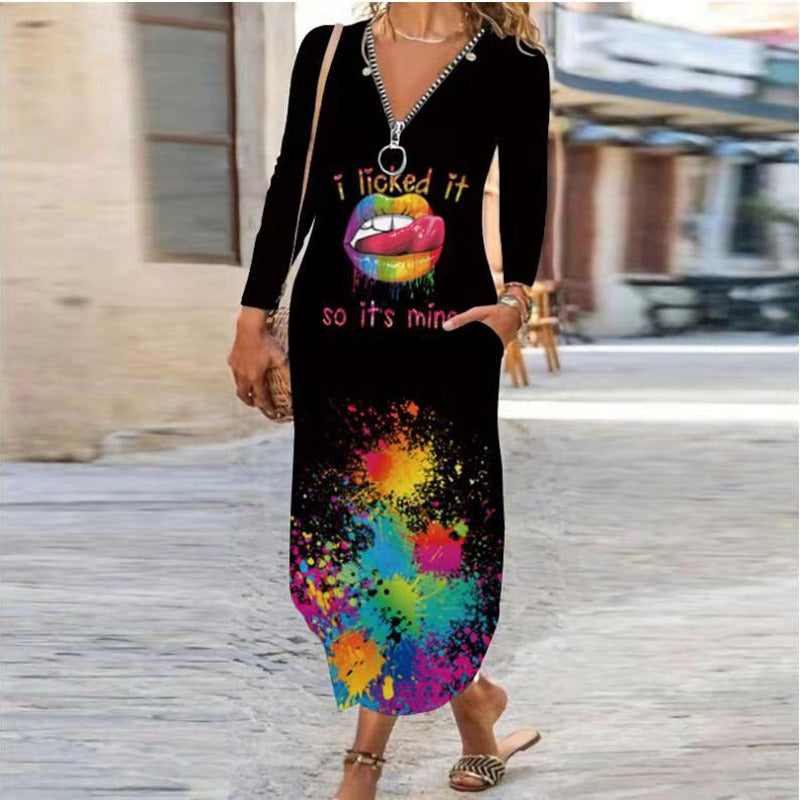 Women's Dress 2021 Autumn and Winter New Style Commuter Printing Zipper Pocket Long Skirt