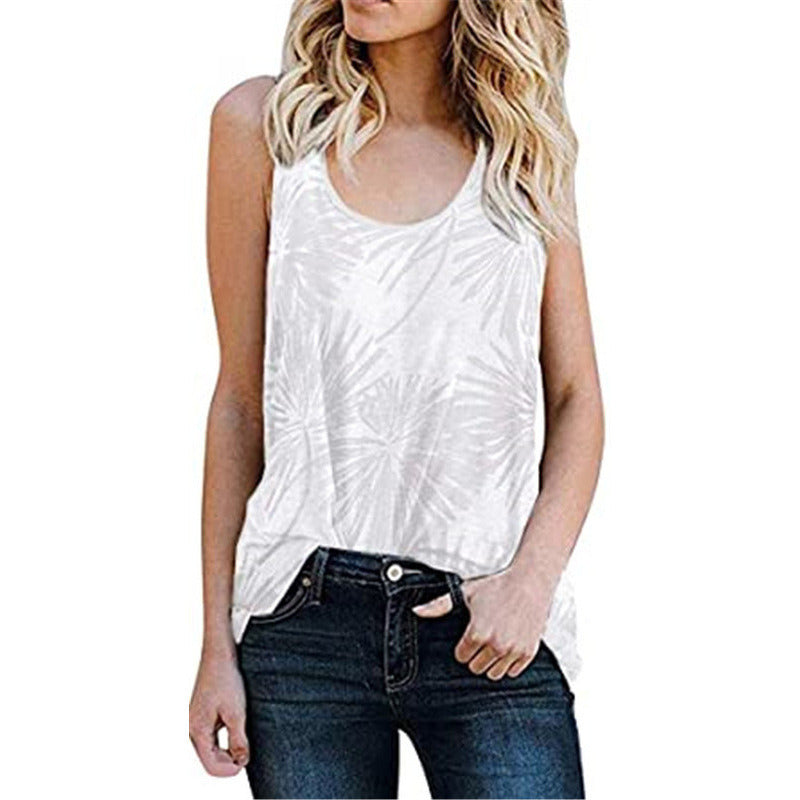 Summer Women's Casual Sleeveless Vest Round Neck Leopard Print Floral Burnout T-Shirt Women's Top