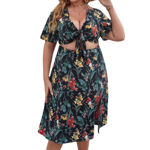 Summer Plus Size L-4XL Mid Floral Dress Beach Skirt Women Fashion Sexy Casual V-neck Slit Hem Hollow Waist Light Thin Breathable