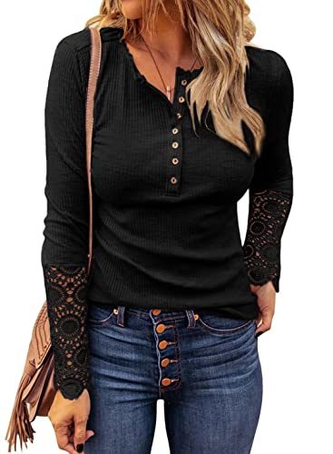 Womens Ribbed Knit Henley Long Sleeves Tunic Lace Tops V Neck Button Shirts Casual Slim Fit Blouses