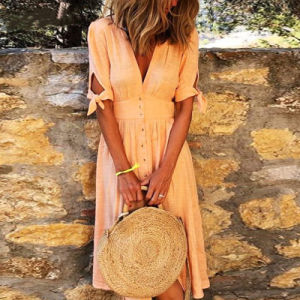 Deep V-Neck Summer Dress Woman Short Sleeve Solid Lace Up Button Tunic Long Dresses For Women 2021 Loose Casual Plus Size 5XL