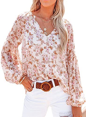 Women's Casual Boho Floral Print V Neck Long Sleeve Loose Blouses Shirts Tops