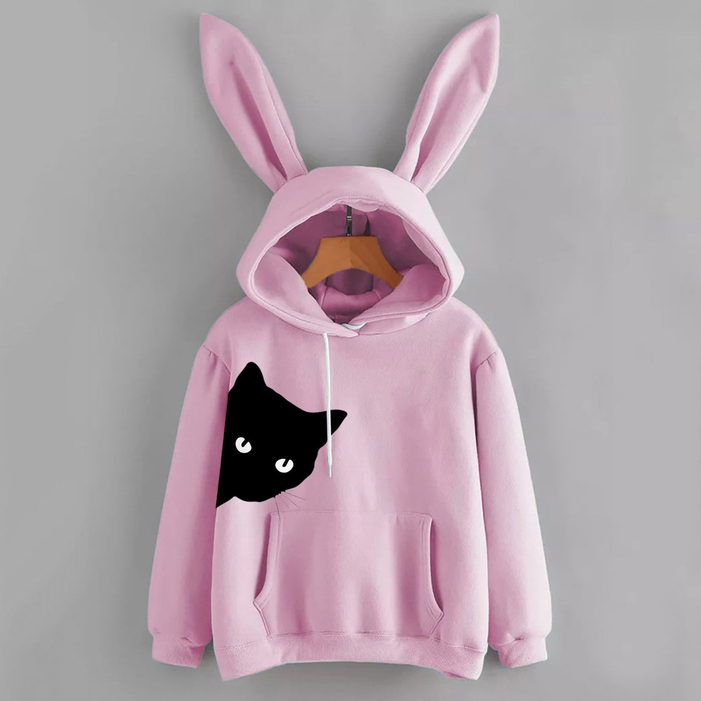 Fashion women's new hoodie rabbit ears cat print long-sleeved fleece sweatshirt