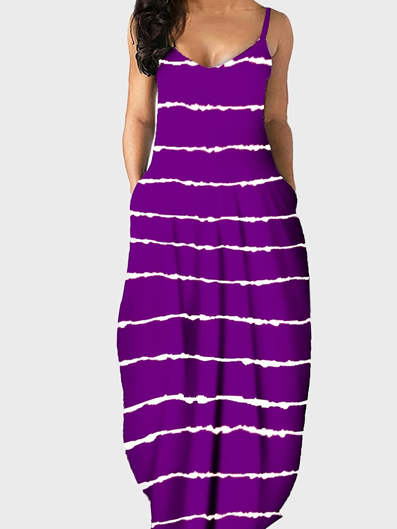 Plus Size Strip Print Cami Maxi Dress With Pockets; Women's Plus Slight Stretch V Neck Casual Long Dress