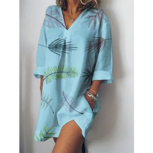 summer new women's V-neck leaf print pocket shirt dress