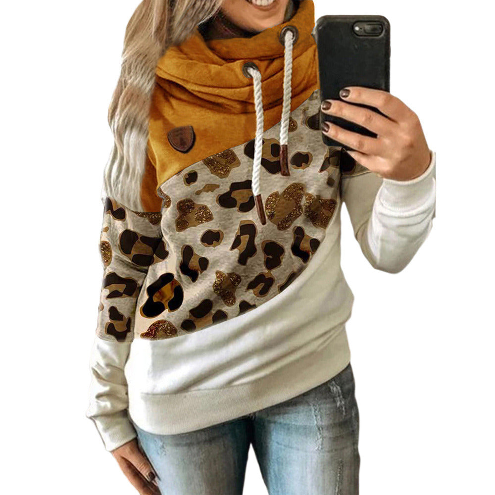 New Women's Clothing Printed Stitching Hooded Fleece Loose Sweater