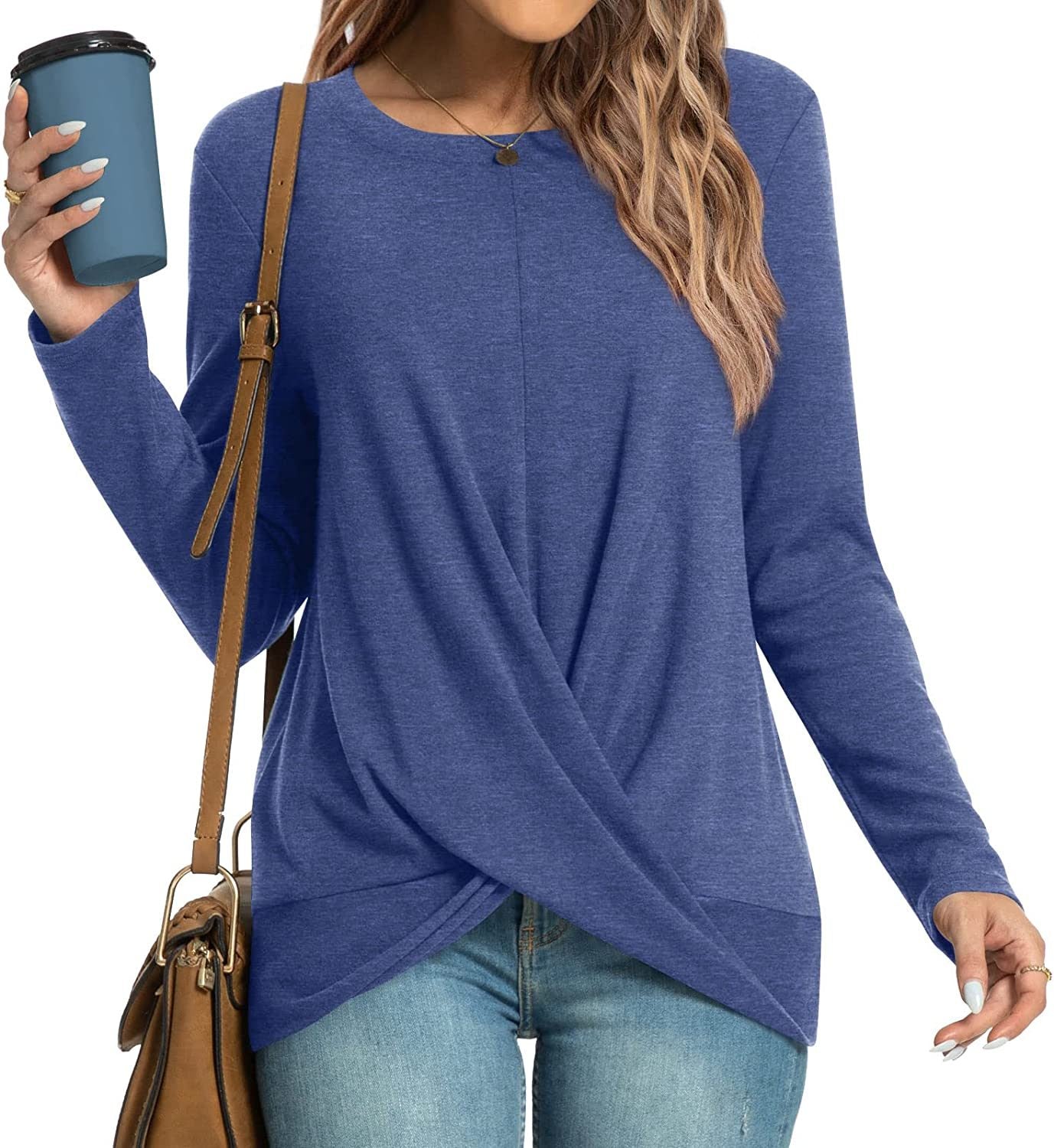 Women's Winter Fall Tunic Tops Long Sleeve Casual T-Shirts Front Twist Crewneck Blouse For Leggings