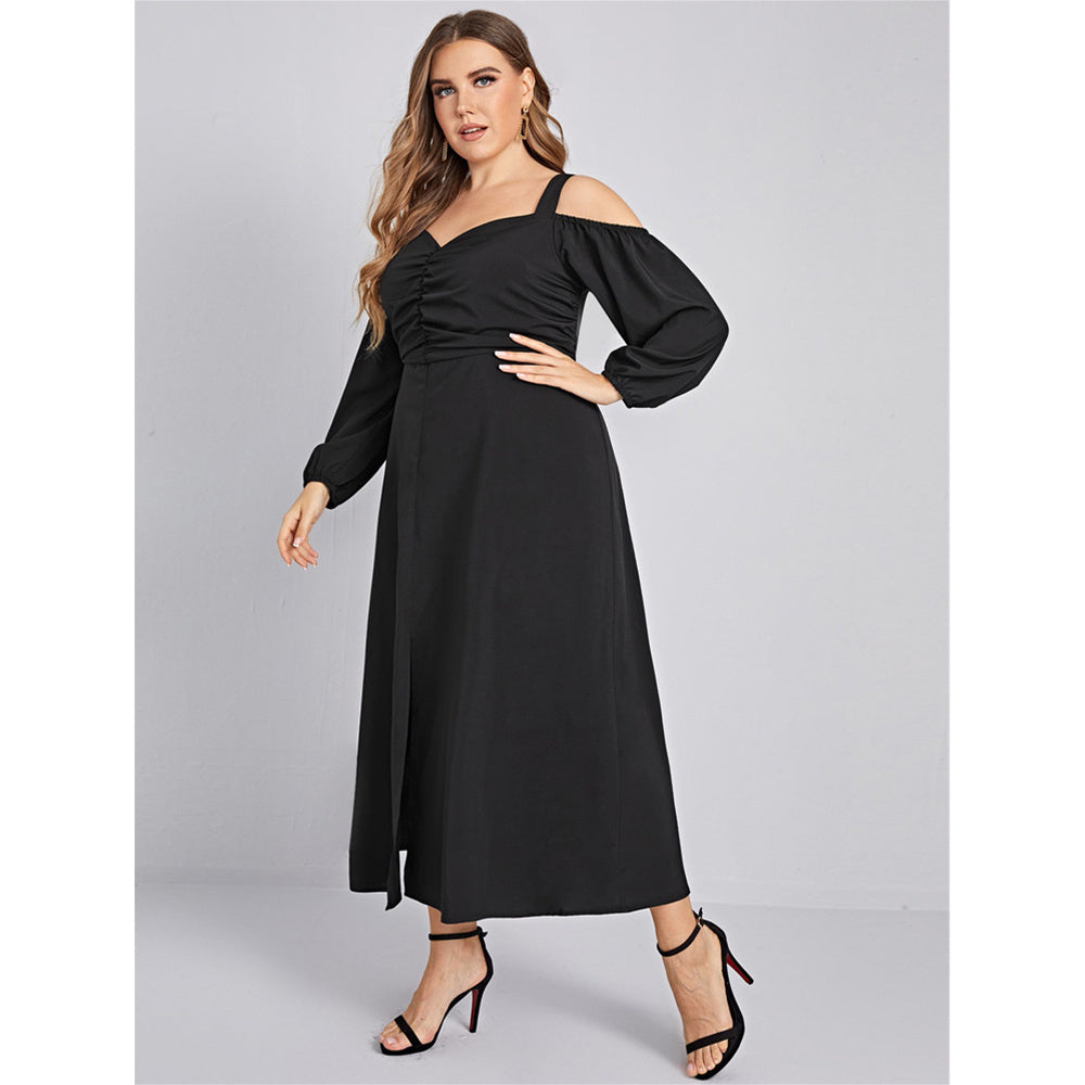 Spring Summer Autumn Plus Size Midi Sling Slit Dress XL-4XL Women Vintage Black Fashion Elegant Long Sleeves Pleated Loose Hem