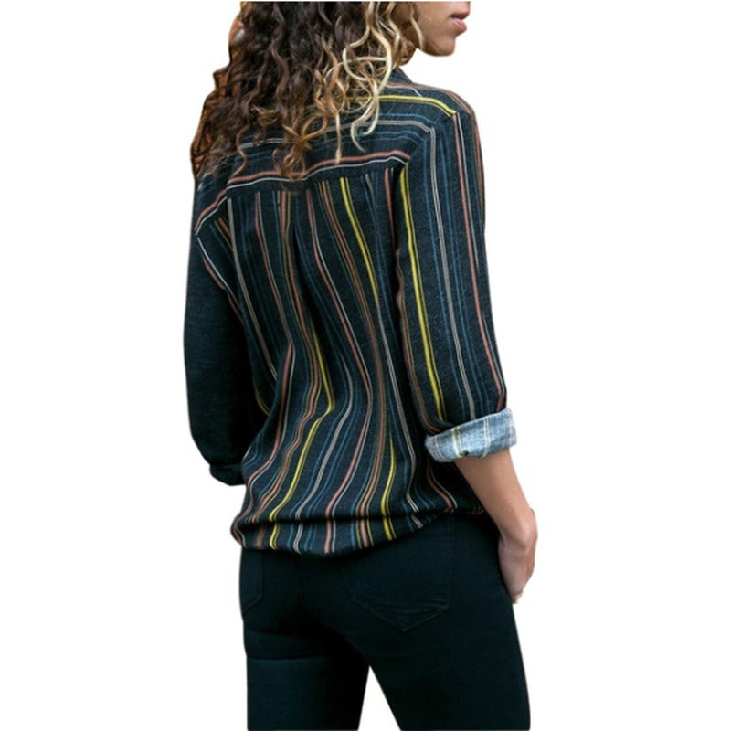 Europe and the United States new women's shirt long-sleeved single-breasted striped shirt