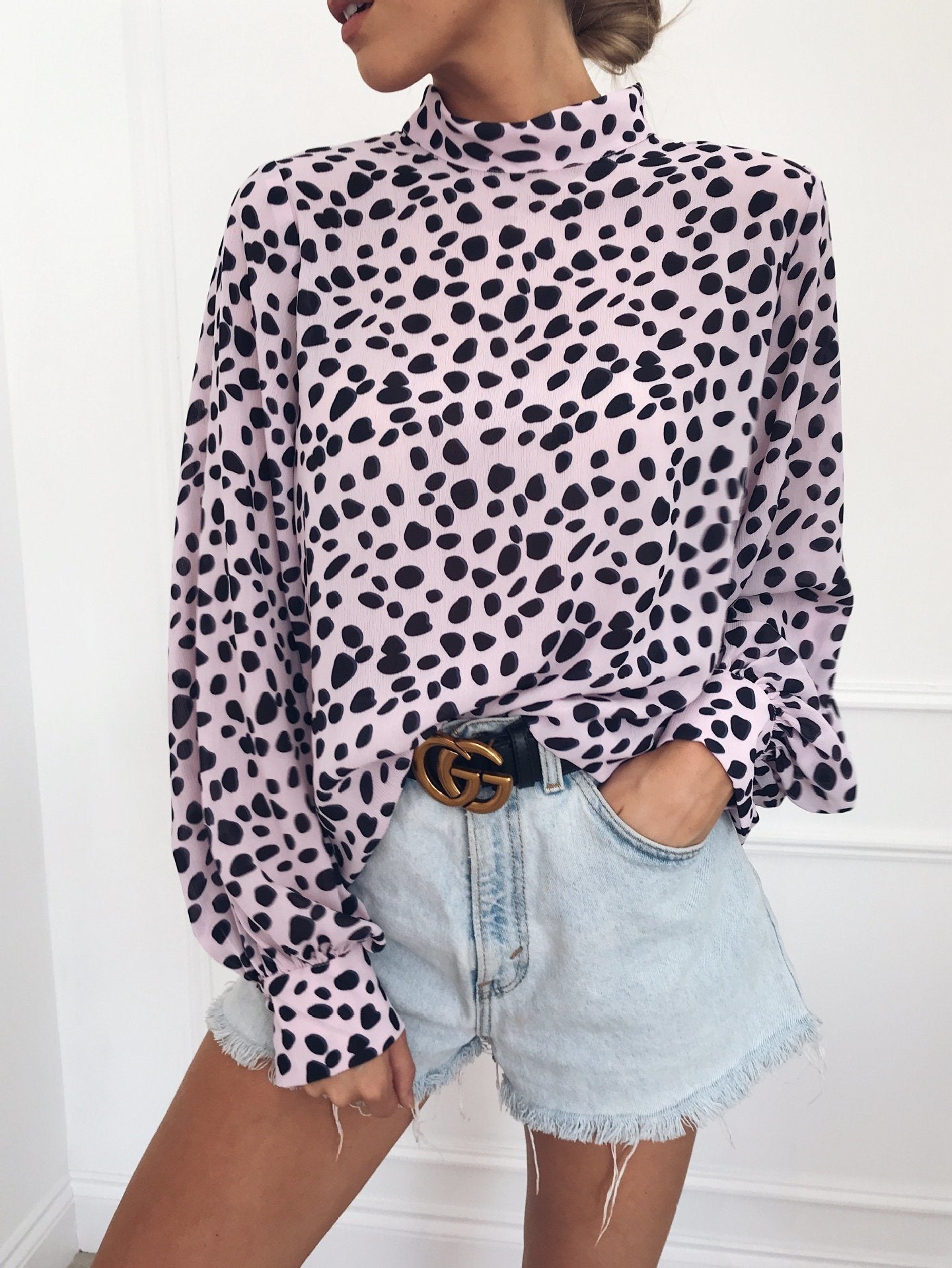 Hot Tops Sexy Round Neck Button Comfort Print Long Sleeve Top