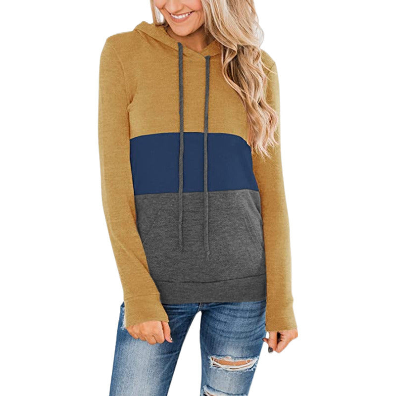 autumn and winter new women's sweater casual sports pure color stitching plus velvet hooded hoodie