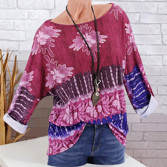 spring and summer new women's floral stitching print long-sleeved t-shirt