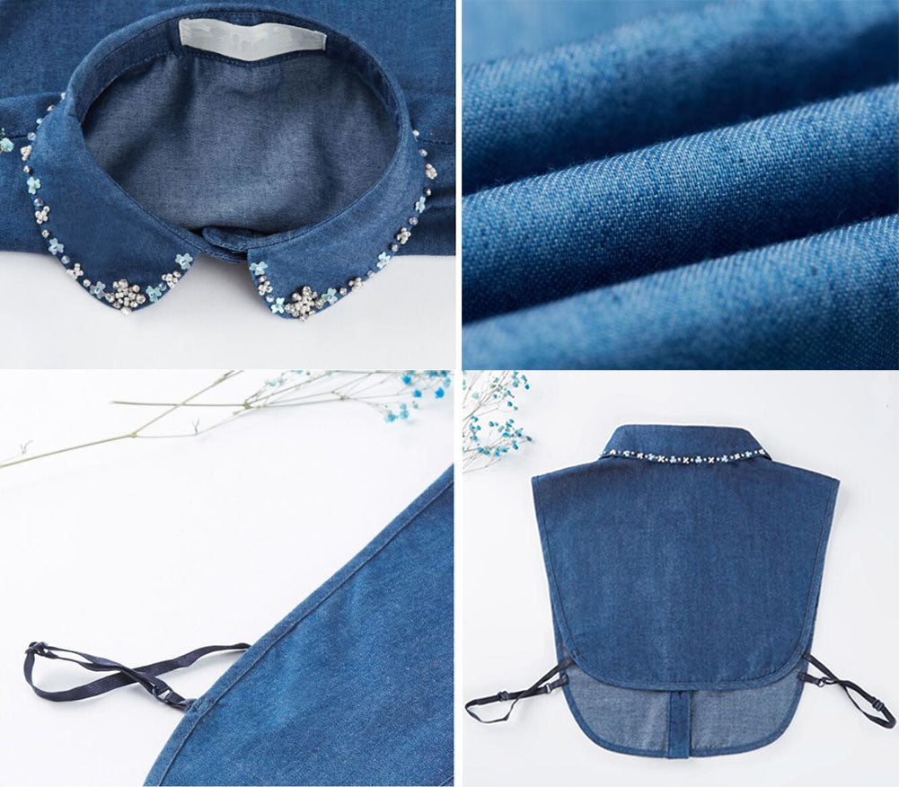 Handmade Beaded Denim Detachable Half Shirt Blouse False Collar for Girls Women