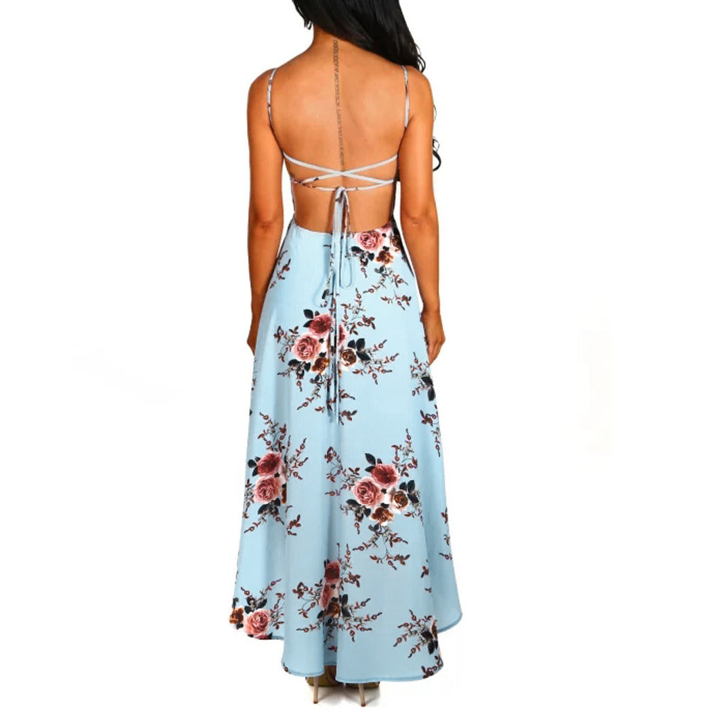 Summer new women's sexy halter print straps irregular large dress