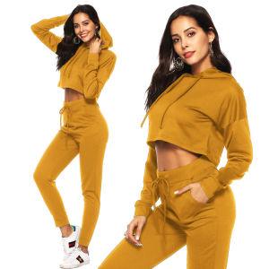 Autumn and Winter Suit Casual Sports Hooded Sweater Exposed Navel Two-piece Female