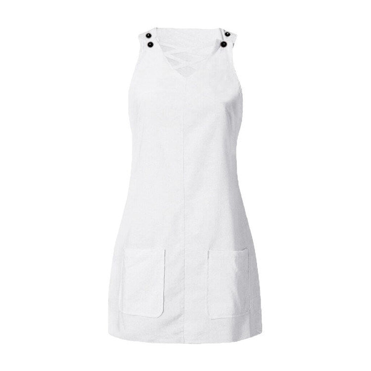 Women's fashion new V-neck adjustable patch pocket strap dress