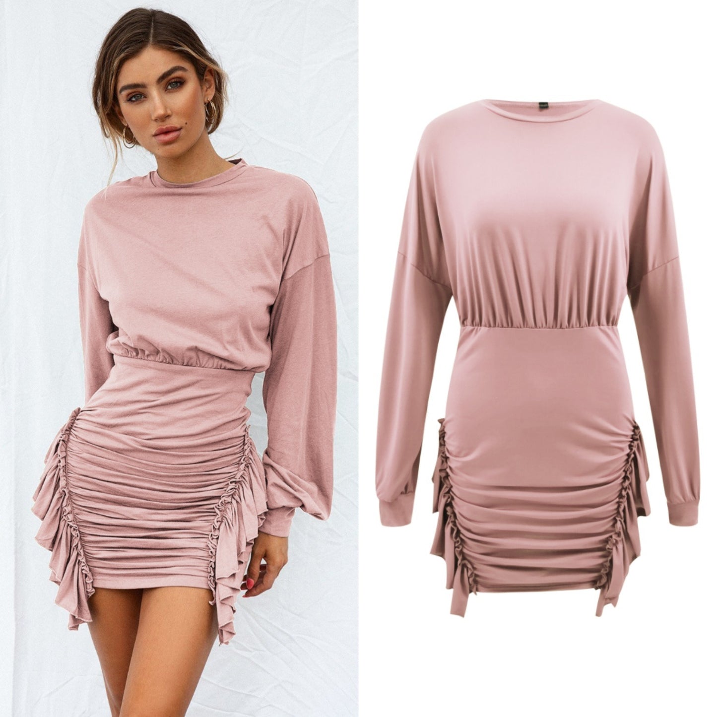 Spring and Summer New Women's Round Neck Long Sleeve Pleated Irregular Dress