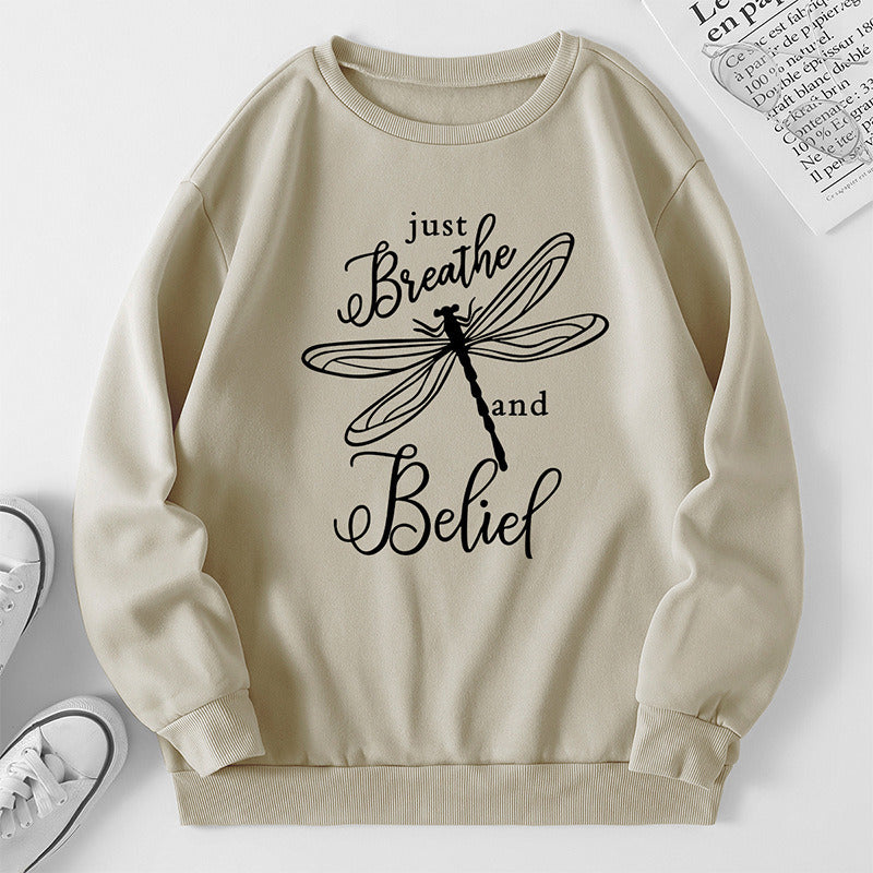 Women's Dragonfly letter print round neck Plush large version women's sweater