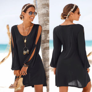 New women's dress deep V-neck loose shoulder long sleeve casual beach dress