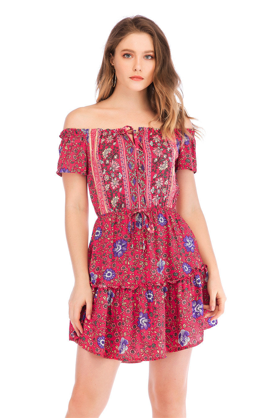 new women's one-neck print off-the-shoulder lace dress