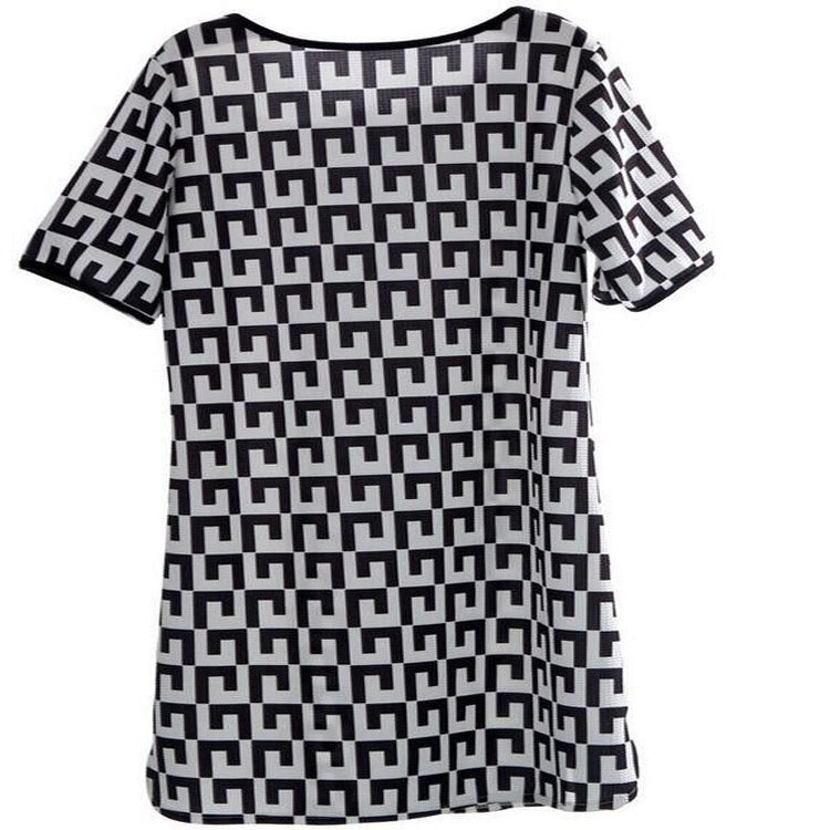 Women Printed Round Neck Short Sleeve Chiffon Dress Black and White Plaid Skirt