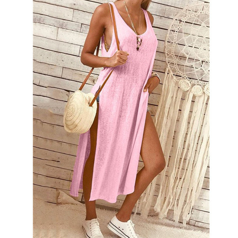 201 European and American Women's Solid Color Fashion Split Sleeveless Loose Dress