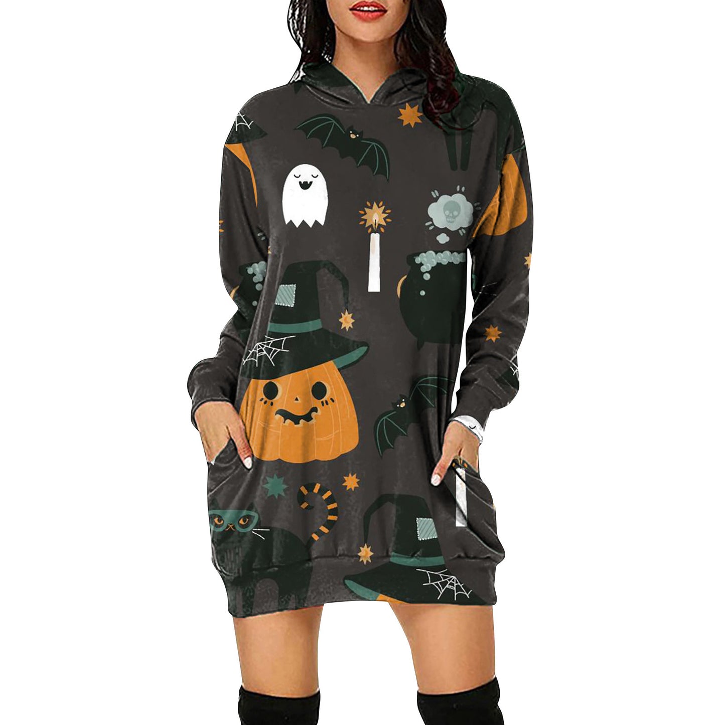 2021 Autumn And Winter Halloween Women's Digital Printed Hooded Long Sleeve Dress