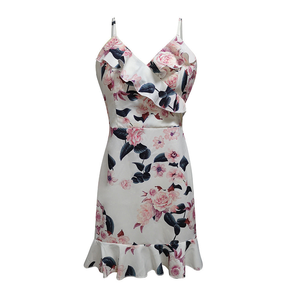 Summer New Women's Print Sexy V-neck Strap Dress