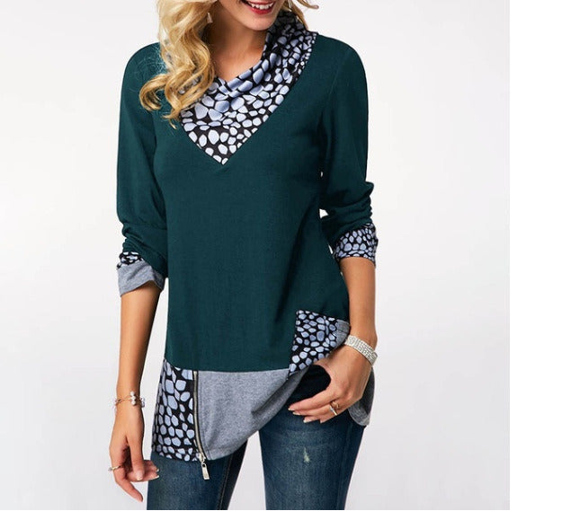 Women's Fashion Large Size Long Sleeve Printed Collar Zipper Casual Top T-Shirt S-5XL