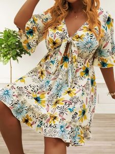 Plus Size Sexy Dress; Women's Plus Floral Print Lettuce Trim Bow Knot Front Half Sleeve Dress