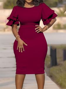 Plus Size Ruffle Trim Solid Round Neck Bodycon Dress; Women's Plus Elegant Medium Stretch Bodycon Dress