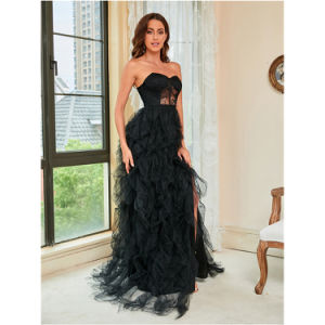 Women Evening Dress Trailing Ball Gown Plus Size S-5XL Sexy Tube Top Slit Hem Lace Tulle Dress Slim Fit Classic Black Red Spring Summer Autumn