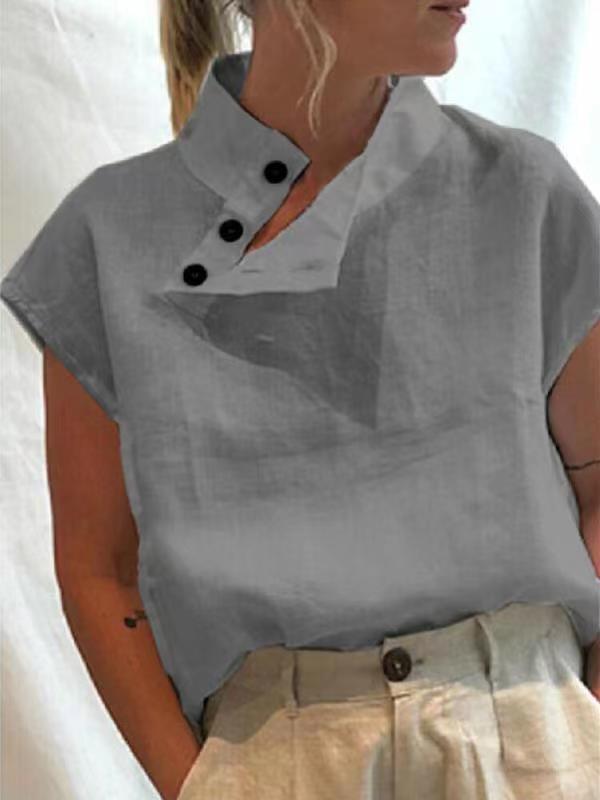 Stylish Blouses Summer Women Cotton Linen Short Sleeve Buttons Solid Shirts Casual Loose Tunic Top Light Thin Blusas