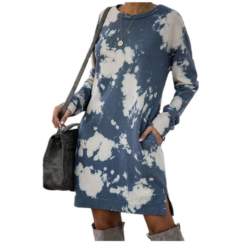 Summer New Style Women's Tie-dye Printing Gradient Long-sleeved Round Neck Dress