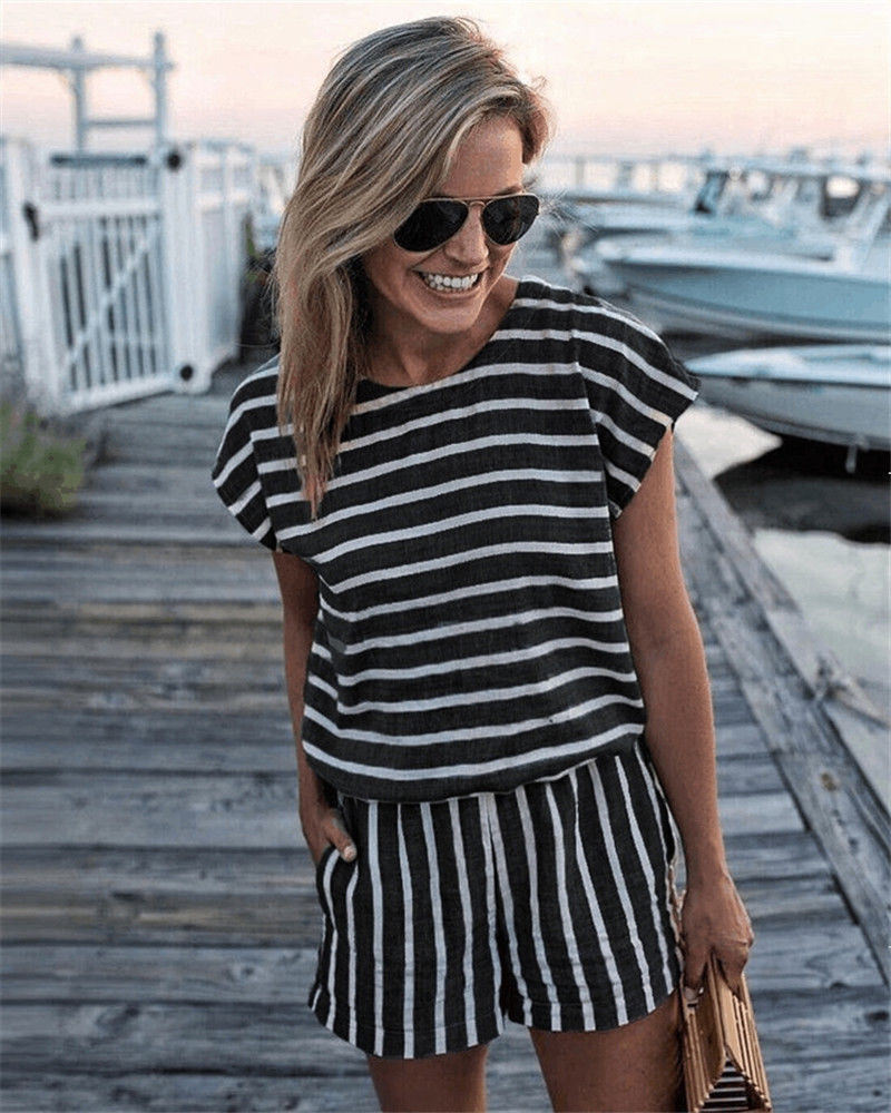 New Women's Summer Striped Short Sleeved Jumpsuit Suit